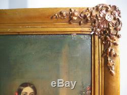 Table Old 1850 About-xix Century-young Girl-oil Painting On Cardboard