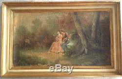 Table Old Eighteenth Scene Galante Oil On Canvas Signed Style Antoine Watteau