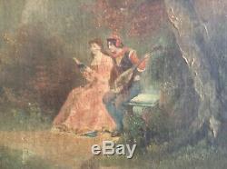 Table Old Eighteenth Scene Galante Oil On Canvas Signed Style Antoine Watteau