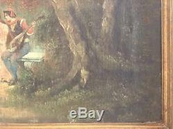 Table Old Eighteenth Scene Galante Oil On Canvas Signed Style Antoine Watteau