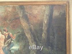 Table Old Eighteenth Scene Galante Oil On Canvas Signed Style Antoine Watteau