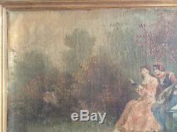 Table Old Eighteenth Scene Galante Oil On Canvas Signed Style Antoine Watteau