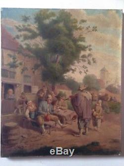 Table Old French School Nineteenth The Village Festival Oil On Canvas Signed
