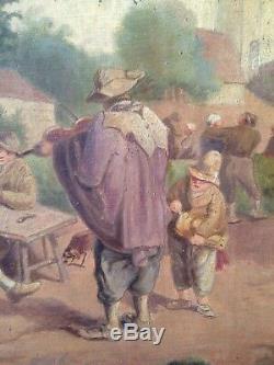 Table Old French School Nineteenth The Village Festival Oil On Canvas Signed