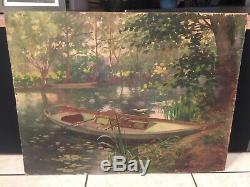 Table Old Hst Landscape Barque Yerres Sur Seine Signed And Dated 1914