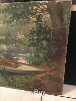 Table Old Hst Landscape Barque Yerres Sur Seine Signed And Dated 1914