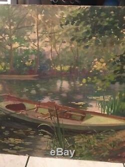 Table Old Hst Landscape Barque Yerres Sur Seine Signed And Dated 1914