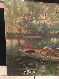 Table Old Hst Landscape Barque Yerres Sur Seine Signed And Dated 1914