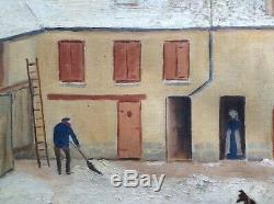 Table Old Naive Art Farmyard Snowy Oil On Canvas An Air Utrillo