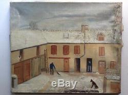 Table Old Naive Art Farmyard Snowy Oil On Canvas An Air Utrillo