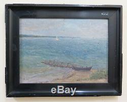 Table Old Navy Sea Oil On Landscape With Boat Signed Date From X8