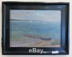 Table Old Navy Sea Oil On Landscape With Boat Signed Date From X8