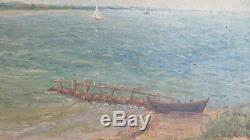 Table Old Navy Sea Oil On Landscape With Boat Signed Date From X8