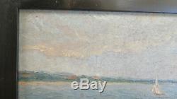 Table Old Navy Sea Oil On Landscape With Boat Signed Date From X8