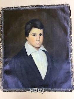 Table Old Nineteenth Portrait Of Young Man Oil On Canvas