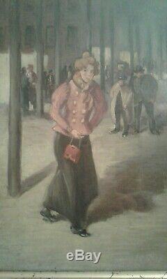 Table Old Oil / Gouache On Cardboard. Woman In Pink Jacket End 19th