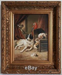 Table Old Oil On Canvas Animals Dogs Monkey Parrot J. Cleck XIX