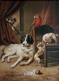 Table Old Oil On Canvas Animals Dogs Monkey Parrot J. Cleck XIX