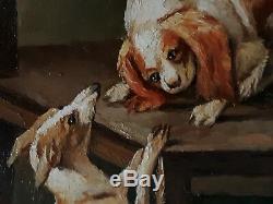 Table Old Oil On Canvas Animals Dogs Monkey Parrot J. Cleck XIX