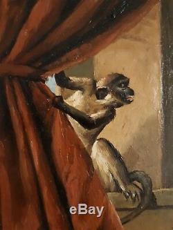 Table Old Oil On Canvas Animals Dogs Monkey Parrot J. Cleck XIX