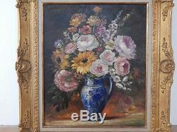 Table Old Oil On Canvas Flowers Signed Rene Lefranc French School Xxth