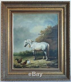Table Old Oil On Canvas Horse Rooster Chicken Lenoir Nineteenth 19th