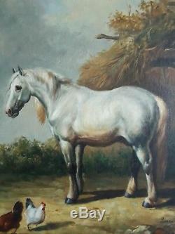 Table Old Oil On Canvas Horse Rooster Chicken Lenoir Nineteenth 19th