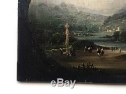 Table Old, Oil On Canvas, Lake Landscape With Figures, Nineteenth