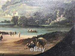 Table Old, Oil On Canvas, Lake Landscape With Figures, Nineteenth