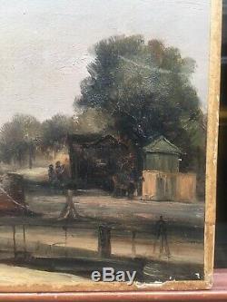 Table Old Oil On Canvas Landscape Barge Canal Lourcq Gabriel Prieur