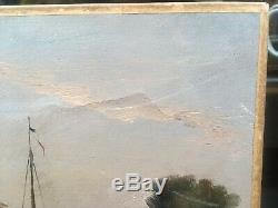 Table Old Oil On Canvas Landscape Barge Canal Lourcq Gabriel Prieur