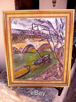 Table Old Oil On Canvas Marine Boat Bridge View Urban Paris Barge