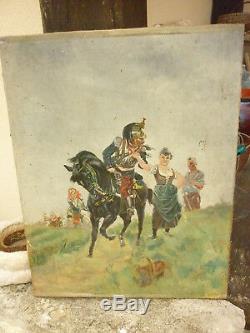 Table Old Oil On Canvas Painting French Cuirassier Military Rider