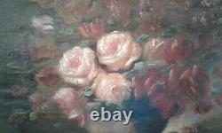 Table Old Oil On Canvas Still Life Bouquet Of Roses And Lilacs 19th