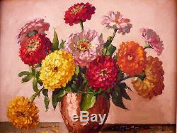 Table Old Oil On Canvas Still Life Flowers Bouquet Yvan Galle