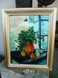 Table Old Oil On Panel Still Life Bouquet And Fruits Signed