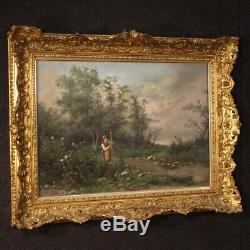 Table Old Oil Painting On Canvas Landscape Signed With Gilt Frame 800