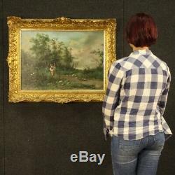 Table Old Oil Painting On Canvas Landscape Signed With Gilt Frame 800