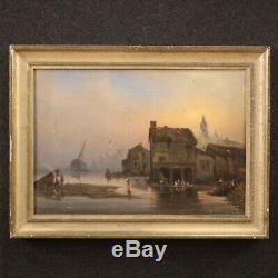 Table Old Oil Painting With Landscape Marine Old Style Frame