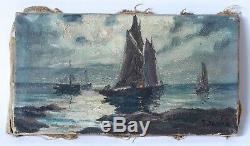 Table Old Painting Oil On Canvas Marine, Boat, Sea, Moonlight