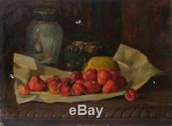 Table Old Painting Oil On Canvas Signed Nineteenth Still Life, Strawberry