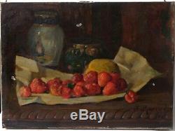 Table Old Painting Oil On Canvas Signed Nineteenth Still Life, Strawberry