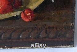 Table Old Painting Oil On Canvas Signed Nineteenth Still Life, Strawberry