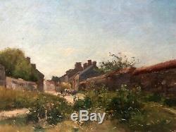 Table Old Painting Oil On Canvas Signed Xix, Landscape, Village, Peasant