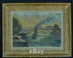 Table Old Steam Boat On The Seine Eiffel Tower Esp. Marquet Signed Framework