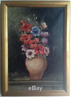Table Old Twentieth Bouquet Of Flowers Oil On Canvas