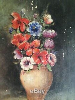 Table Old Twentieth Bouquet Of Flowers Oil On Canvas