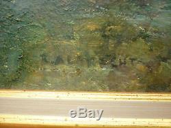 Table Old Wharf Scene Oil On Canvas Signed Anime Boat Harbor Albrecht