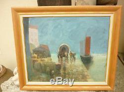 Table Old Wharf Scene Oil On Canvas Signed Anime Boat Harbor Albrecht