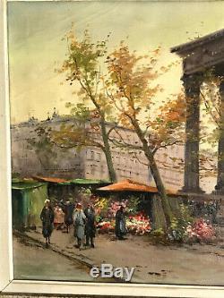 Table / Painting Old / Oil On Canvas Signed (market At Flowers In Paris)